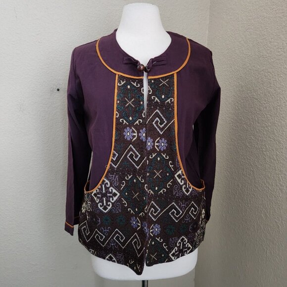 Asian Art to Wear Woven Jacket Women's Large Embroidery Purple Wooden Button - Picture 12 of 12